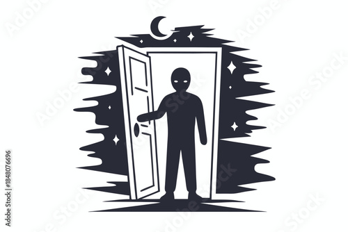 Silhouette Man Holding Door to Moonlight Sky, Night Stars, Dark Mystery Concept