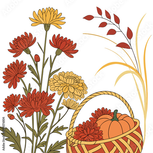 Autumn flowers and pumpkins in a wicker basket harvest