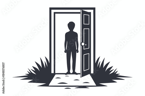 Dark Silhouette of a Figure in Open Doorway with Grass on White Background