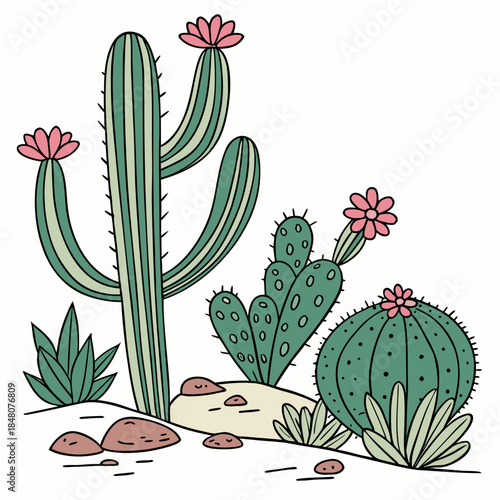 Cartoon cactus garden with flowers and rocks desert