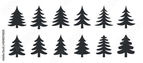 a collection of silhouettes depicting various pine trees arranged in two rows showcases the natural beauty of evergreen forests and woodland scenes