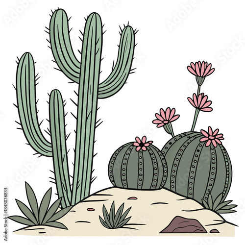 Desert landscape with cacti and flowers cactus plants