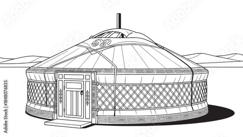 Illustration of a traditional round yurt with lattice walls and a domed canvas roof.