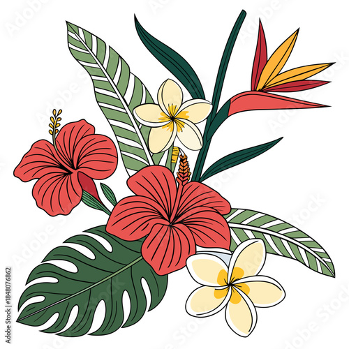 Tropical bouquet with red hibiscus white plumeria and bird of paradise flowers