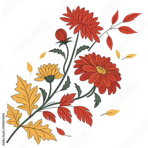 Autumn flowers and leaves in red yellow and orange hues