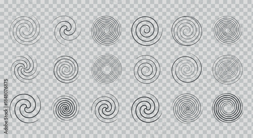 a collection of various spiral designs and swirling patterns displayed on a transparent background showcasing diverse forms and sizes of circular motion