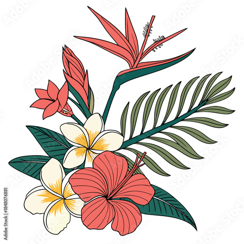 Tropical flower bouquet with bird of paradise plumeria and hibiscus