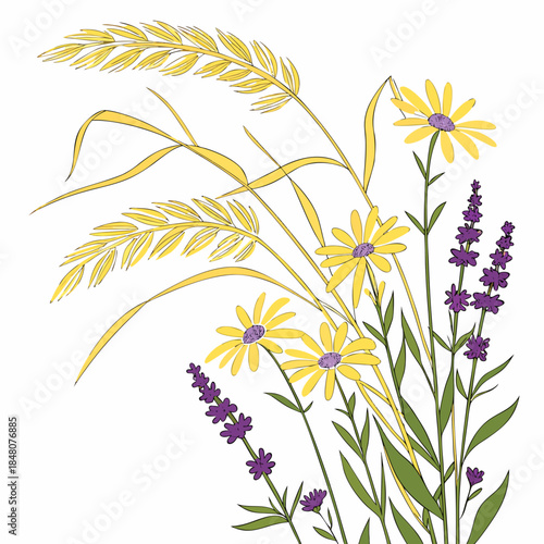 Coastal wildflowers in a vibrant arrangement of sea oats and purple flowers