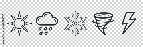 a collection of hand drawn weather icons depicts sunshine rain snow a tornado and lightning all rendered in a simple black and white