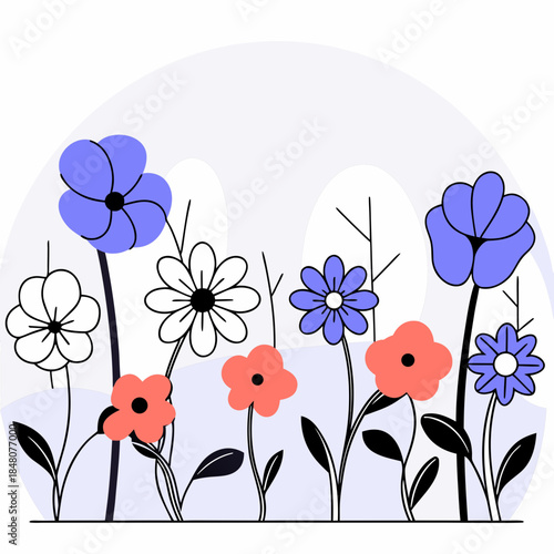 Colorful flowers on black stems purple pink