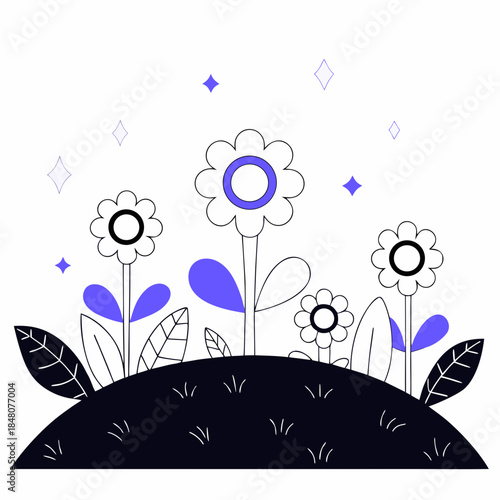 Black and white flowers with blue accents on a hill