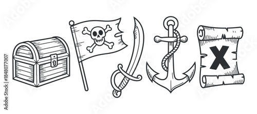 a detailed sketch depicts classic pirate themed items including a treasure chest flag with skull sword anchor and a scroll with an x