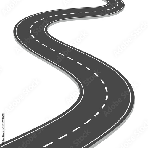 Winding Asphalt Road with Dashed Lines Perspective. Highway Curve Direction. 80 Characters