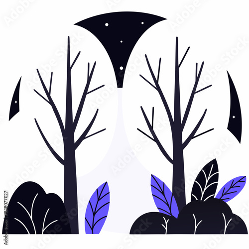 Nighttime forest scene with bare trees and purple leaves