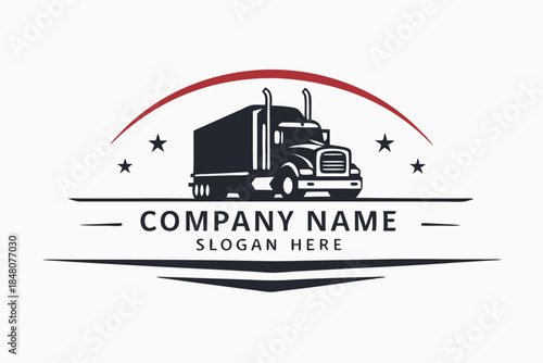 Black Semi Truck Silhouette, Red Arc, Stars, Bold Text, Simple Logo Style on White