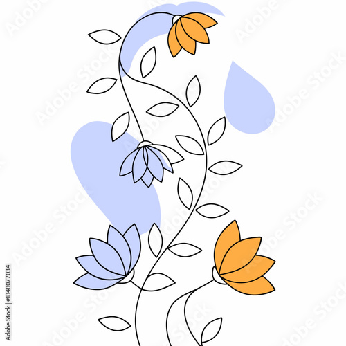Orange and blue flowers on a vine with leaves