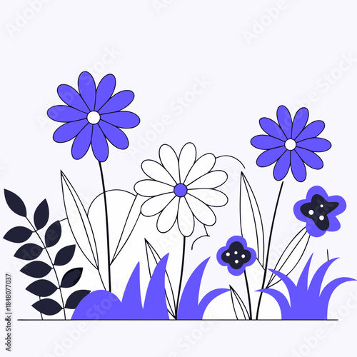 Purple flowers and grass on white background black and white leaves