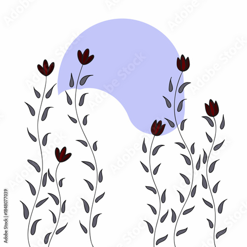 Purple moon flowers and leaves on white background