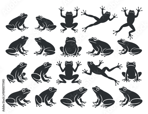 a collection of black silhouette frogs in various poses including sitting leaping and swimming offering a whimsical amphibian illustration high quality