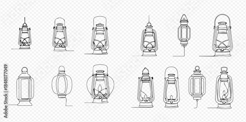 Set of hand-drawn vintage lanterns, line art illustration of old lamp collection.