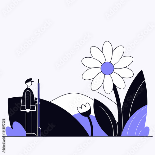 Man standing next to large flower with purple center and leaves