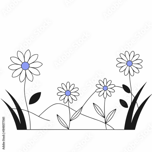 Simple line of four white flowers with blue centers