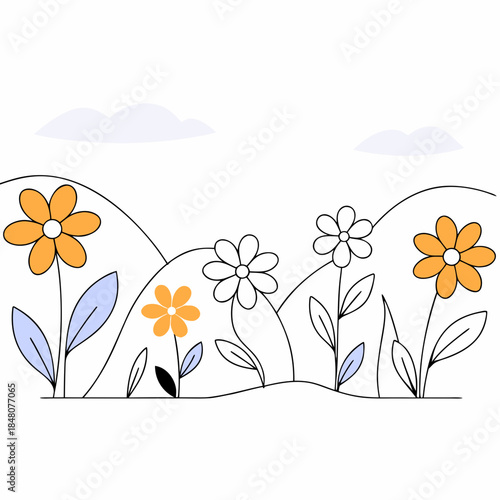 Simple line of flowers on hills simple line cartoon