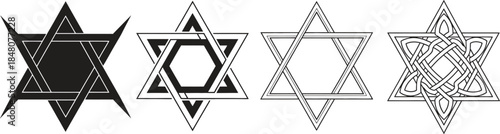 Black and white Star of David symbols set with various geometric and Celtic knot designs for religious and spiritual concepts
