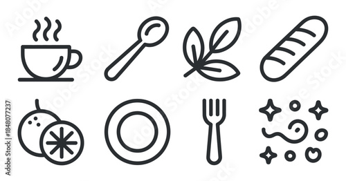 a collection of simple black and white line art icons depicting coffee bread fruit cutlery and decorative elements high quality professional