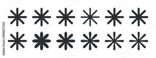 a simple arrangement of black starburst shapes displayed in a grid pattern on a stark white background showing repetition high quality