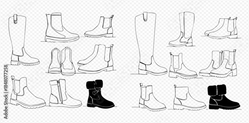 Continuous line art drawing of various fashionable boots for women, including tall, short, and ankle styles.