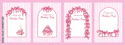 Birthday invitations set in Girly Coquette style. Hand-drawn Vintage templates with garland of bows,  bday cake and Bow Arch in pink color. Cute stylish party invitation designs for print or web use.