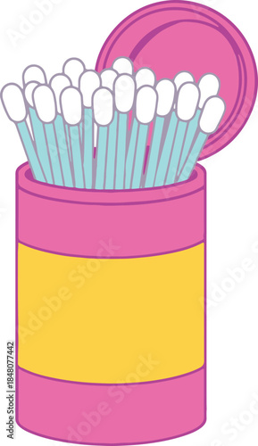 Cotton swabs in a pink container, colorful flat vector illustration