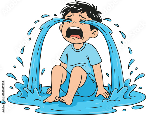 Young boy crying uncontrollably, emotional cartoon vector illustration