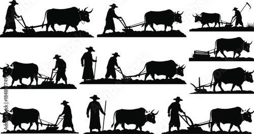 Traditional farming silhouette collection showing farmers plowing fields with oxen, manual tools, and animal powered agriculture in rural countryside scenes