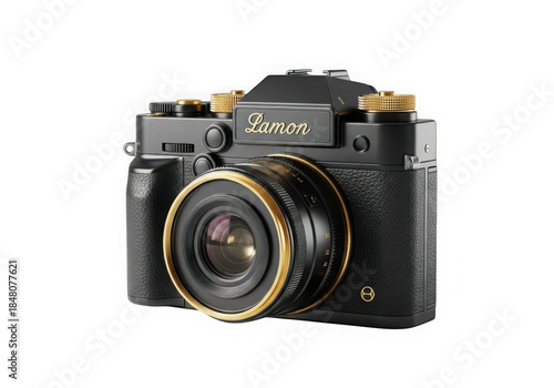 Luxury Retro Camera with Gold Details Isolated on Black