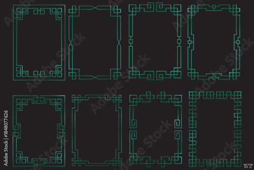 Simple Chinese green geometric frames are isolated on black background. Luxury green borders for invitations, luxury templates, and decorative patterns. 3D vector illustration.
