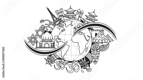 Global collage of iconic landmarks surrounding a stylized world map.