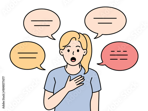 Cartoon woman with speech bubbles, surprised blonde girl talking with thought clouds