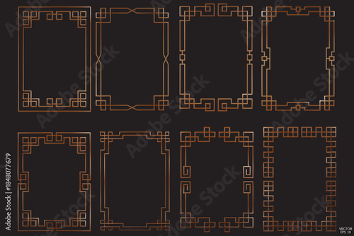 Simple Chinese brown wood geometric frames are isolated on black background. Luxury wooden borders for invitations, luxury templates, and decorative patterns. 3D vector illustration.