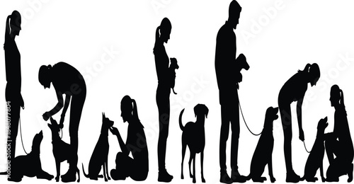 People training and caring for dogs silhouette set, pet obedience, walking and bonding activities, responsible ownership lifestyle isolated on white background