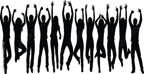 Happy people jumping silhouette celebrating together, energetic group unity, freedom, success and joy concept isolated on white background