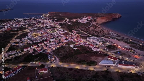 Evening descends upon Sagres portugal coastal town providing a stunning aerial view of its beauty