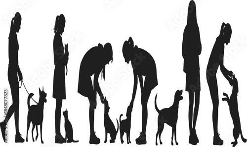 Women with dogs silhouette showing pet care interaction, walking, training and bonding moments, animal love lifestyle isolated on white background