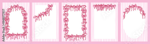 Collection of Girly Coquette style cards. Hand-drawn Vintage templates with garland of bows, on striped background. Romantic decoration for greeting card, invitation,  wedding, Valentine's day.