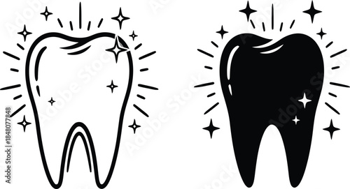A side by side illustration depicts a tooth in both a white outline and a solid black fill each radiating sparkling light bursts
