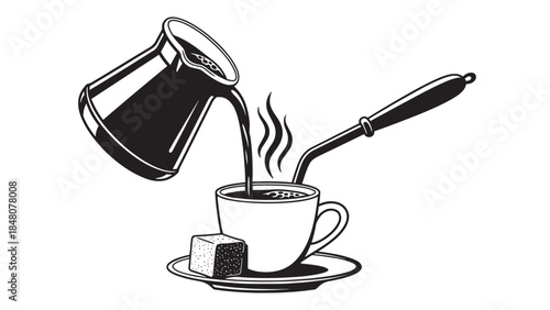 Illustration of a steaming kettle pouring into a cup with a mug and rising steam.