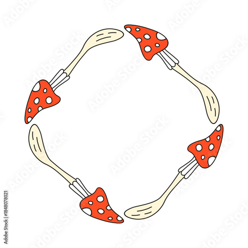 Cute rhombus frame with hand drawn red fly agaric amanita mushrooms isolated on white background. Autumn composition.