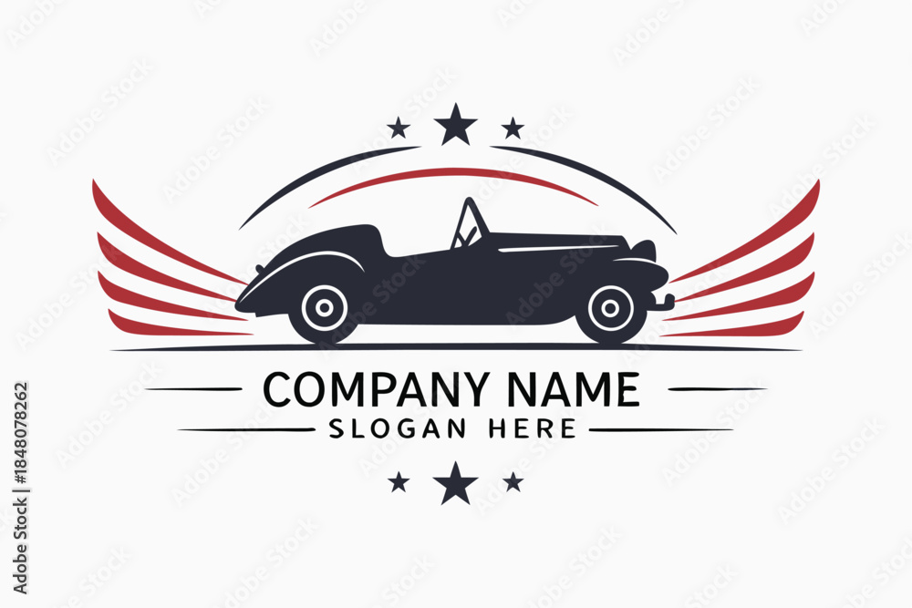 Obraz premium Vintage Car Silhouette with Wings and Stars in Red, Black, and White Design Style
