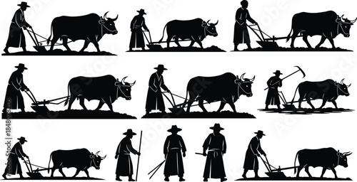 Traditional ox plowing silhouette collection showing farmers working fields with cattle, rural agriculture labor, historic farming methods, and countryside life